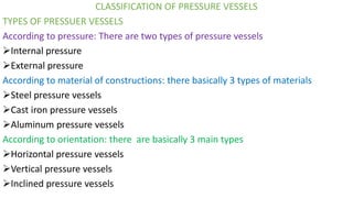 CLASSIFICATION OF PRESSURE VESSELS
TYPES OF PRESSUER VESSELS
According to pressure: There are two types of pressure vessels
➢Internal pressure
➢External pressure
According to material of constructions: there basically 3 types of materials
➢Steel pressure vessels
➢Cast iron pressure vessels
➢Aluminum pressure vessels
According to orientation: there are basically 3 main types
➢Horizontal pressure vessels
➢Vertical pressure vessels
➢Inclined pressure vessels
 