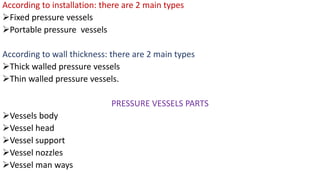 According to installation: there are 2 main types
➢Fixed pressure vessels
➢Portable pressure vessels
According to wall thickness: there are 2 main types
➢Thick walled pressure vessels
➢Thin walled pressure vessels.
PRESSURE VESSELS PARTS
➢Vessels body
➢Vessel head
➢Vessel support
➢Vessel nozzles
➢Vessel man ways
 