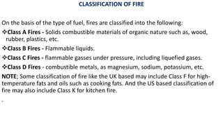 CLASSIFICATION OF FIRE
On the basis of the type of fuel, fires are classified into the following:
❖Class A Fires - Solids combustible materials of organic nature such as, wood,
rubber, plastics, etc.
❖Class B Fires - Flammable liquids.
❖Class C Fires - flammable gasses under pressure, including liquefied gases.
❖Class D Fires - combustible metals, as magnesium, sodium, potassium, etc.
NOTE; Some classification of fire like the UK based may include Class F for high-
temperature fats and oils such as cooking fats. And the US based classification of
fire may also include Class K for kitchen fire.
.
 