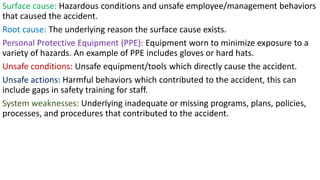 Surface cause: Hazardous conditions and unsafe employee/management behaviors
that caused the accident.
Root cause: The underlying reason the surface cause exists.
Personal Protective Equipment (PPE): Equipment worn to minimize exposure to a
variety of hazards. An example of PPE includes gloves or hard hats.
Unsafe conditions: Unsafe equipment/tools which directly cause the accident.
Unsafe actions: Harmful behaviors which contributed to the accident, this can
include gaps in safety training for staff.
System weaknesses: Underlying inadequate or missing programs, plans, policies,
processes, and procedures that contributed to the accident.
 