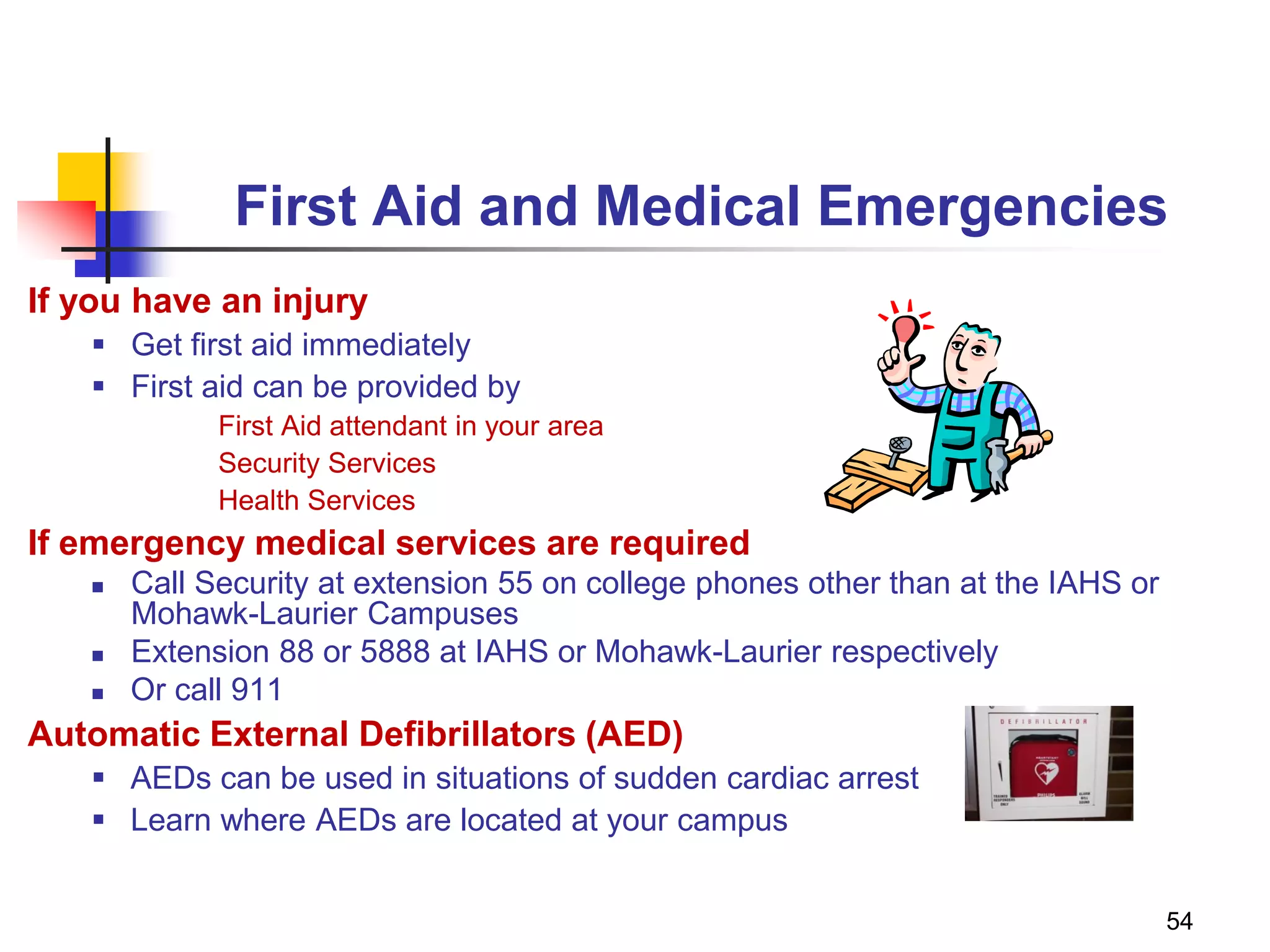 54
First Aid and Medical Emergencies
If you have an injury
 Get first aid immediately
 First aid can be provided by
First Aid attendant in your area
Security Services
Health Services
If emergency medical services are required
 Call Security at extension 55 on college phones other than at the IAHS or
Mohawk-Laurier Campuses
 Extension 88 or 5888 at IAHS or Mohawk-Laurier respectively
 Or call 911
Automatic External Defibrillators (AED)
 AEDs can be used in situations of sudden cardiac arrest
 Learn where AEDs are located at your campus
 