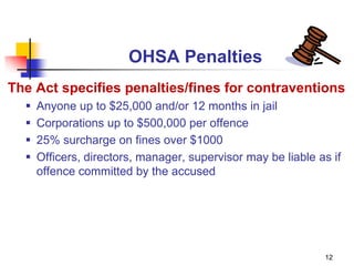 12
OHSA Penalties
The Act specifies penalties/fines for contraventions
 Anyone up to $25,000 and/or 12 months in jail
 Corporations up to $500,000 per offence
 25% surcharge on fines over $1000
 Officers, directors, manager, supervisor may be liable as if
offence committed by the accused
 