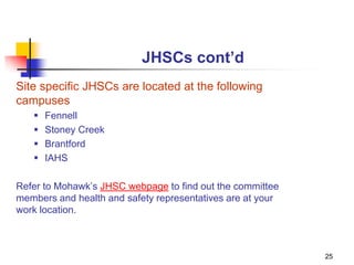 25
JHSCs cont’d
Site specific JHSCs are located at the following
campuses
 Fennell
 Stoney Creek
 Brantford
 IAHS
Refer to Mohawk’s JHSC webpage to find out the committee
members and health and safety representatives are at your
work location.
 