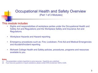 Occupational Health and Safety Overview
(Part 1 of 3 Modules)
This module includes
• Rights and responsibilities of workplace parties under the Occupational Health and
Safety Act and Regulations and the Workplace Safety and Insurance Act and
Regulations.
• Workplace Hazards and Hazard reporting.
• Emergency procedures such as: Fire; Lockdown, First Aid and Medical Emergencies
and Accident/Incident reporting.
• Mohawk College Health and Safety policies, procedures, programs and resources
available to you.
Notes
(1) This presentation contains hyperlinks to some resources. Hyperlinks are underlined.
(2) If you have any questions or require assistance, please contact OHS at extension 4293 or 2225.
3
 