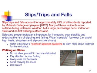 31
Slips/Trips and Falls
Slips trips and falls account for approximately 45% of all incidents reported
by Mohawk College employees [2012]. Many of these incidents occur
outside during inclement weather, but a large percentage occur indoor on
stairs and on flat walking surfaces also.
Selecting proper footwear is important for increasing your stability and
reducing the risk of slipping and falling. Wear “sensible” footwear (i.e. avoid
high heels, strapless and slip-on style shoes).
 Refer to Mohawk’s Footwear Selection Guideline to learn more about footwear
for the workplace.
Walking on Stairs
 Do not allow yourself to become distracted
 Pay attention to your footing
 Always use the handrails
 Avoid carrying too much
 Don’t rush!
 