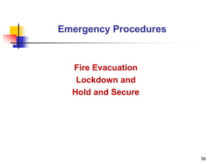 56
Fire Evacuation
Lockdown and
Hold and Secure
Emergency Procedures
 