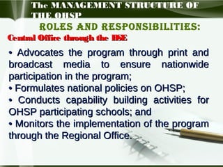 The MANAGEMENT STRUCTURE OF
THE OHSP

Roles and Responsibilities:
Central Office through the B
SE

• Advocates the program through print and
broadcast media to ensure nationwide
participation in the program;
• Formulates national policies on OHSP;
• Conducts capability building activities for
OHSP participating schools; and
• Monitors the implementation of the program
through the Regional Office.

 