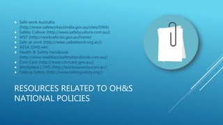 RESOURCES RELATED TO OH&S
NATIONAL POLICIES
 Safe work Australia
(http://www.safeworkaustralia.gov.au/sites/SWA)
 Safety Culture (http://www.safetyculture.com.au/)
 WST (http://worksafe.tas.gov.au/home)
 Safe at work (http://www.safeatwork.org.au/)
 ASSA (OHS.net)
 Health & Safety handbook
(http://www.healthandsafetyhandbook.com.au/)
 Com Care (http://www.comcare.gov.au/)
 Workplace | OHS (http://workplaceohs.com.au/)
 Talking Safety (http://www.talkingsafety.org/)
 