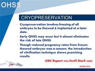 www.company.com
AICOG 2015
CRYOPRESERVATION
• Cryopreservation involves freezing of all
embryos to be thawed & implanted at a later
date.
• Early OHSS may occur but it almost eliminates
the risk of late OHSS.
• Though reduced pregnancy rates from frozen-
thawed embryos was a concern, the introduction
of vitrification technique shows promising
results.
(CDC Report 2005,Fertil Steril 2008)
 
