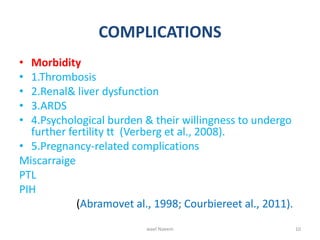 COMPLICATIONS
• Morbidity
• 1.Thrombosis
• 2.Renal& liver dysfunction
• 3.ARDS
• 4.Psychological burden & their willingness to undergo
further fertility tt (Verberg et al., 2008).
• 5.Pregnancy-related complications
Miscarraige
PTL
PIH
(Abramovet al., 1998; Courbiereet al., 2011).
10wael Naeem
 
