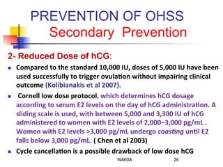 PREVENTION OF OHSS
Secondary Prevention
2- Reduced Dose of hCG:
n  Compared	
  to	
  the	
  standard	
  10,000	
  IU,	
  doses	
  of	
  5,000	
  IU	
  have	
  been	
  
used	
  successfully	
  to	
  trigger	
  ovula+on	
  without	
  impairing	
  clinical	
  
outcome	
  (Kolibianakis	
  et	
  al	
  2007).	
  
n  	
  Cornell	
  low	
  dose	
  protocol,	
  which	
  determines	
  hCG	
  dosage	
  
according	
  to	
  serum	
  E2	
  levels	
  on	
  the	
  day	
  of	
  hCG	
  administra+on.	
  A	
  
sliding	
  scale	
  is	
  used,	
  with	
  between	
  5,000	
  and	
  3,300	
  IU	
  of	
  hCG	
  
administered	
  to	
  women	
  with	
  E2	
  levels	
  of	
  2,000–3,000	
  pg/mL	
  .	
  
Women	
  with	
  E2	
  levels	
  >3,000	
  pg/mL	
  undergo	
  coasAng	
  un+l	
  E2	
  
falls	
  below	
  3,000	
  pg/mL.	
  (	
  Chen	
  et	
  al	
  2003)	
  
n  Cycle	
  cancella+on	
  is	
  a	
  possible	
  drawback	
  of	
  low	
  dose	
  hCG	
  
WARDA 26
 