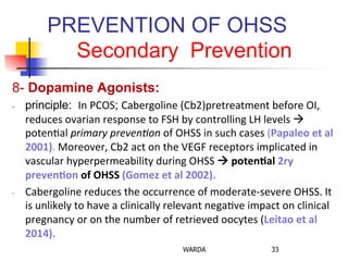 PREVENTION OF OHSS
Secondary Prevention
8- Dopamine Agonists:
-  principle: In	
  PCOS; Cabergoline	
  (Cb2)pretreatment	
  before	
  OI,	
  
reduces	
  ovarian	
  response	
  to	
  FSH	
  by	
  controlling	
  LH	
  levels	
  à	
  
poten0al	
  primary	
  preven/on	
  of	
  OHSS	
  in	
  such	
  cases	
  (Papaleo	
  et	
  al	
  
2001).	
  Moreover,	
  Cb2	
  act	
  on	
  the	
  VEGF	
  receptors	
  implicated	
  in	
  
vascular	
  hyperpermeability	
  during	
  OHSS	
  !	
  poten+al	
  2ry	
  
preven+on	
  of	
  OHSS	
  (Gomez	
  et	
  al	
  2002).	
  
-­‐  Cabergoline	
  reduces	
  the	
  occurrence	
  of	
  moderate-­‐severe	
  OHSS.	
  It	
  
is	
  unlikely	
  to	
  have	
  a	
  clinically	
  relevant	
  nega0ve	
  impact	
  on	
  clinical	
  
pregnancy	
  or	
  on	
  the	
  number	
  of	
  retrieved	
  oocytes	
  (Leitao	
  et	
  al	
  
2014).	
  	
  	
  	
  
WARDA 33
 