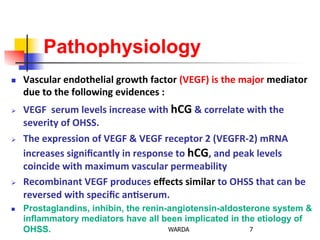 Pathophysiology
n  Vascular	
  endothelial	
  growth	
  factor	
  (VEGF)	
  is	
  the	
  major	
  mediator	
  	
  	
  
due	
  to	
  the	
  following	
  evidences	
  :	
  
Ø  VEGF	
  	
  serum	
  levels	
  increase	
  with	
  hCG	
  &	
  correlate	
  with	
  the	
  
severity	
  of	
  OHSS.	
  
Ø  The	
  expression	
  of	
  VEGF	
  &	
  VEGF	
  receptor	
  2	
  (VEGFR-­‐2)	
  mRNA	
  
increases	
  signiﬁcantly	
  in	
  response	
  to	
  hCG,	
  and	
  peak	
  levels	
  
coincide	
  with	
  maximum	
  vascular	
  permeability	
  	
  
Ø  Recombinant	
  VEGF	
  produces	
  eﬀects	
  similar	
  to	
  OHSS	
  that	
  can	
  be	
  
reversed	
  with	
  speciﬁc	
  an+serum.	
  
n  Prostaglandins, inhibin, the renin-angiotensin-aldosterone system &
inflammatory mediators have all been implicated in the etiology of
OHSS. 7WARDA
 