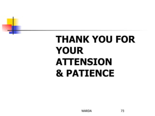WARDA 73
THANK YOU FOR
YOUR
ATTENSION
& PATIENCE
 