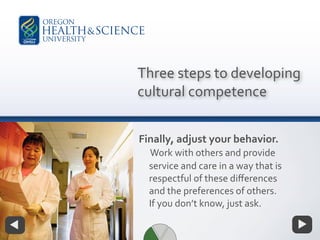 Three steps to developing
cultural competence
Finally, adjust your behavior.
Work with others and provide
service and care in a way that is
respectful of these diﬀerences
and the preferences of others.
If you don’t know, just ask.
 