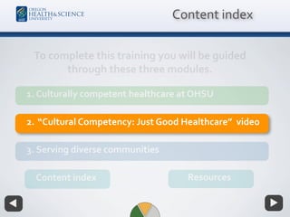 Content index
1. Culturally competent healthcare at OHSU
2. “Cultural Competency: Just Good Healthcare” video
Resources
3. Serving diverse communities
Content index
To complete this training you will be guided
through these three modules.
 