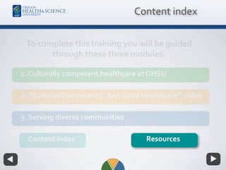 Content index
1. Culturally competent healthcare at OHSU
2. “Cultural Competency: Just Good Healthcare” video
Resources
3. Serving diverse communities
Content index
To complete this training you will be guided
through these three modules.
 