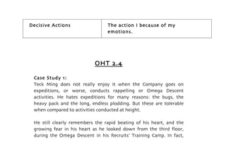 Decisive Actions                 The action I because of my
                                 emotions.




                           OHT 2.4

 Case Study 1:
 Teck Ming does not really enjoy it when the Company goes on
 expeditions, or worse, conducts rappelling or Omega Descent
 activities. He hates expeditions for many reasons: the bugs, the
 heavy pack and the long, endless plodding. But these are tolerable
 when compared to activities conducted at height.

 He still clearly remembers the rapid beating of his heart, and the
 growing fear in his heart as he looked down from the third floor,
 during the Omega Descent in his Recruits’ Training Camp. In fact,
 