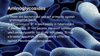Aminoglycosides
• These are bactericidal and act primarily against
gramnegative bacilli.
1. Streptomycin. It is used mainly in tuberculosis.
2. Gentamicin. It has become the most commonly
used aminoglycoside for acute infections. It has
a broader spectrum of action and is effective
against Pseudomonas aeruginosa.
 