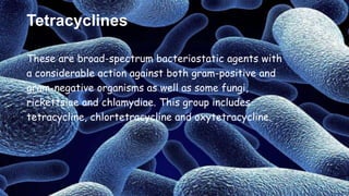 Tetracyclines
These are broad-spectrum bacteriostatic agents with
a considerable action against both gram-positive and
gram-negative organisms as well as some fungi,
rickettsiae and chlamydiae. This group includes
tetracycline, chlortetracycline and oxytetracycline.
 