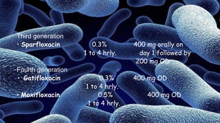 Third generation
• Sparfloxacin 0.3% 400 mg orally on
1 to 4 hrly. day 1 followed by
200 mg OD
Fourth generation
• Gatifloxacin 0.3% 400 mg OD
1 to 4 hrly.
• Moxifloxacin 0.5% 400 mg OD
1 to 4 hrly.
 