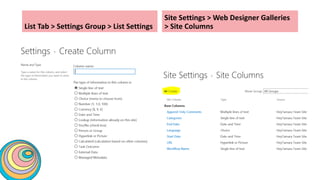 List Tab > Settings Group > List Settings
Site Settings > Web Designer Galleries
> Site Columns
 