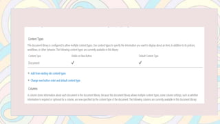 FIRST CHOOSE THE
LIBRARY OR LIST AND
GO TO SETTINGS
THEN CLICK THE
ADVANCED SETTING
FROM THE GENERAL
SETTINGS AREA
CHOOSE YES TO ALLOW MANAGEMENT OF CONTENT TYPES
 