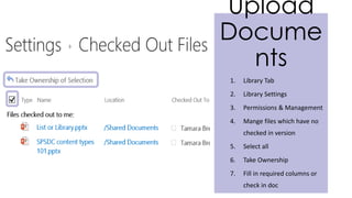 Upload
Docume
nts
1. Library Tab
2. Library Settings
3. Permissions & Management
4. Mange files which have no
checked in version
5. Select all
6. Take Ownership
7. Fill in required columns or
check in doc
 