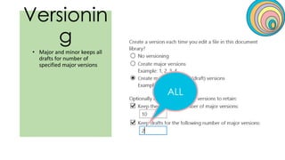 Versionin
g
• Major and minor keeps all
drafts for number of
specified major versions
ALL
 