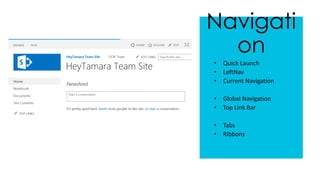 Navigati
on
• Quick Launch
• LeftNav
• Current Navigation
• Global Navigation
• Top Link Bar
• Tabs
• Ribbons
 