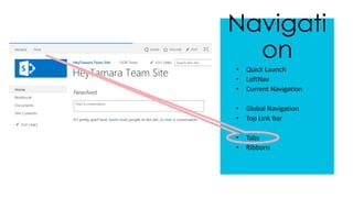 Navigati
on
• Quick Launch
• LeftNav
• Current Navigation
• Global Navigation
• Top Link Bar
• Tabs
• Ribbons
 