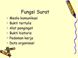 Fungsi Surat Media komunikasi Bukti tertulis Alat pengingat Bukti historis Pedoman kerja Duta organisasi 