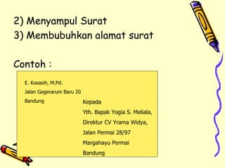 2) Menyampul Surat 3) Membubuhkan alamat surat Contoh : E. Kosasih, M.Pd. Jalan Gegerarum Baru 20 Bandung  Kepada Yth. Bapak Yogia S. Meliala, Direktur CV Yrama Widya, Jalan Permai 28/97 Margahayu Permai Bandung 