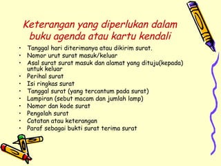 Keterangan yang diperlukan dalam buku agenda atau kartu kendali Tanggal hari diterimanya atau dikirim surat. Nomor urut surat masuk/keluar Asal surat surat masuk dan alamat yang dituju(kepada) untuk keluar Perihal surat Isi ringkas surat Tanggal surat (yang tercantum pada surat) Lampiran (sebut macam dan jumlah lamp) Nomor dan kode surat Pengolah surat Catatan atau keterangan Paraf sebagai bukti surat terima surat 