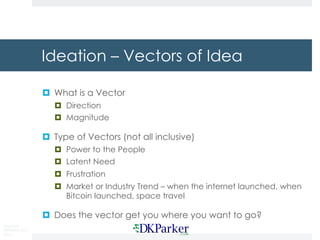 Copyright
DKParker, LLC
2019
Ideation – Vectors of Idea
¤ What is a Vector
¤ Direction
¤ Magnitude
¤ Type of Vectors (not ...