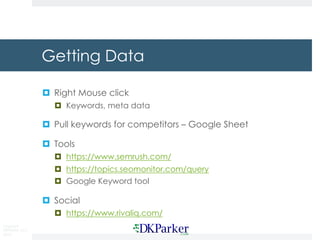 Copyright
DKParker, LLC
2019
Getting Data
¤ Right Mouse click
¤ Keywords, meta data
¤ Pull keywords for competitors – Goog...