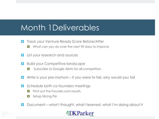 Copyright
DKParker, LLC
2019
Month 1Deliverables
¤ Track your Venture Ready Score Before/After
¤ What can you do over the ...