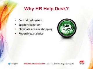 Why HR Help Desk?
• Centralized system
• Support litigation
• Eliminate answer shopping
• Reporting/analytics
 