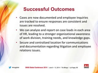 Successful Outcomes
• Cases are now documented and employee inquiries
are tracked to ensure responses are consistent and
issues are resolved.
• We can analyze and report on case loads in each area
of HR, leading to a stronger organizational awareness
of work division, training needs, and knowledge gaps.
• Secure and centralized location for communications
and documentation regarding litigation and employee
relations issues.
 