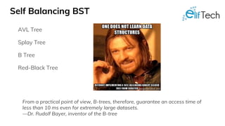 Self Balancing BST
AVL Tree
Splay Tree
B Tree
Red-Black Tree
From a practical point of view, B-trees, therefore, guarantee an access time of
less than 10 ms even for extremely large datasets.
—Dr. Rudolf Bayer, inventor of the B-tree
 