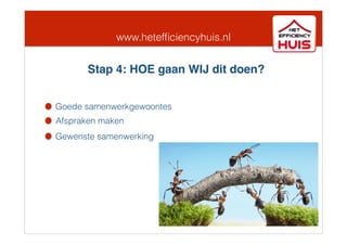 www.hetefﬁciencyhuis.nl
Goede samenwerkgewoontes
Afspraken maken
Gewenste samenwerking
Stap 4: HOE gaan WIJ dit doen?
 