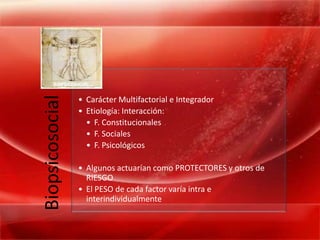 Biopsicosocial

                 • Carácter Multifactorial e Integrador
                 • Etiología: Interacción:
                   • F. Constitucionales
                   • F. Sociales
                   • F. Psicológicos

                 • Algunos actuarían como PROTECTORES y otros de
                   RIESGO
                 • El PESO de cada factor varía intra e
                   interindividualmente
 