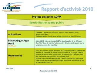 Rapport d'activité 2010
18/03/2011 9
Rapport d'activité 2010
Animations
Chassieu : Atelier du goût pour enfants dans le cadre de la
Semaine du Goût.
Vaulx-en-Velin : Les Arts de la Rue s'invitent au Marché Nature
Bibliothèque Jean
Macé
NOUVEAU
8 juin 2010. Intervention de l'ADPM dans la cadre de la diffusion
d'un film "Jour de marché" et rencontre débat avec le public sur le
fonctionnement des marchés.
Mtonmarché
NOUVEAU
Suite de l'appel à projet Ministère de l'Economie 2009. L'ADPM a été
retenue et financée en partie sur la création de ce projet. Portail
Internet et application mobile pour le grand public. Mise en avant
des marchés et des portraits de commerçants.
Réalisation du cahier des charges, choix du prestataire technique,
création de la charte graphique (logo, univers de la marque) et de
la marque Mtonmarché.
Sensibilisation grand public
Projets collectifs ADPM
 