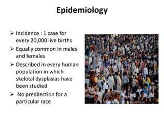 Epidemiology

 Incidence : 1 case for
  every 20,000 live births
 Equally common in males
  and females
 Described in every human
  population in which
  skeletal dysplasias have
  been studied
 No predilection for a
  particular race
 