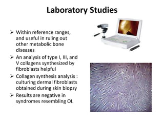 Laboratory Studies

 Within reference ranges,
  and useful in ruling out
  other metabolic bone
  diseases
 An analysis of type I, III, and
  V collagens synthesized by
  fibroblasts helpful
 Collagen synthesis analysis :
  culturing dermal fibroblasts
  obtained during skin biopsy
 Results are negative in
  syndromes resembling OI.
 
