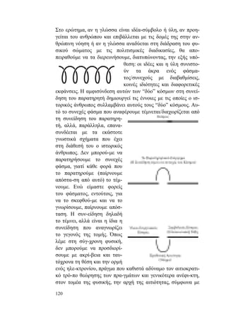 120
Στο ερώτημα, αν η γλώσσα είναι ιδέα-σύμβολο ή ύλη, αν προη-
γείται του ανθρώπου και επιβάλλεται με τις δομές της στην αν-
θρώπινη νόηση ή αν η γλώσσα αναδύεται στη διάδραση του φυ-
σικού σώματος με τις πολιτισμικές διαδικασίες, θα απο-
πειραθούμε να τα διερευνήσουμε, διατυπώνοντας, την εξής υπό-
θεση: οι ιδέες και η ύλη συνιστο-
ύν τα άκρα ενός φάσμα-
τος/συνεχούς με διαβαθμίσεις,
κοινές ιδιότητες και διαφορετικές
εκφάνσεις. Η αμφισύνδεση αυτών των “δύο” κόσμων στη συνεί-
δηση του παρατηρητή δημιουργεί τις έννοιες με τις οποίες ο ισ-
τορικός άνθρωπος συλλαμβάνει αυτούς τους “δύο” κόσμους. Αυ-
τό το συνεχές φάσμα που αναφέρουμε τέμνεται/διαχωρίζεται από
τη συνείδηση του παρατηρη-
τή, αλλά, παράλληλα, επανα-
συνδέεται με τα εκάστοτε
γνωστικά σχήματα που έχει
στη διάθεσή του ο ιστορικός
άνθρωπος. Δεν μπορού-με να
παρατηρήσουμε το συνεχές
φάσμα, γιατί κάθε φορά που
το παρατηρούμε (παίρνουμε
απόστα-ση από αυτό) το τέμ-
νουμε. Ενώ είμαστε φορείς
του φάσματος, εντούτοις, για
να το σκεφθού-με και να το
γνωρίσουμε, παίρνουμε απόσ-
ταση. Η συν-είδηση δηλαδή
το τέμνει, αλλά είναι η ίδια η
συνείδηση που αναγνωρίζει
το γεγονός της τομής. Όπως
λέμε στη σύγ-χρονη φυσική,
δεν μπορούμε να προσδιορί-
σουμε με ακρί-βεια και ταυ-
τόχρονα τη θέση και την ορμή
ενός ηλε-κτρονίου, πράγμα που καθιστά αδύναμο τον αιτιοκρατι-
κό τρό-πο θεώρησης των πρα-γμάτων και γενικότερα ανέφι-κτη,
στον τομέα της φυσικής, την αρχή της αιτιότητας, σύμφωνα με
 
