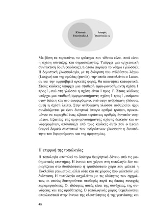 48
Με βάση τα παραπάνω, το ερώτημα που τίθεται είναι: ποιά είναι
η σχέση σύνταξης και σημασιολογίας; Υπάρχει μια αρχετυπική
συντακτική δομή (κώδικας), η οποία παράγει το νόημα (γλώσσα);
Η δομιστική γλωσσολογία, με τη διάκριση του ενδιάθετου λόγου
(Langue) και της ομιλίας (parole), την οποία επικαλείται ο Lacan,
αν και την αμφισβητεί αρκετές φορές, θα απαντήσει καταφατικά.
Στους κώδικες υπάρχει μια σταθερή αμφι-μονοσήμαντη σχέση 1
προς 1, ενώ στη γλώσσα η σχέση είναι 1 προς 1’. Στους κώδικες
υπάρχει μια σταθερή αμφιμονοσήμαντη σχέση 1 προς 1, ανάμεσα
στον δείκτη και στο αναφερόμενο, ενώ στην ανθρώπινη γλώσσα,
αυτή η σχέση λείπει. Στην ανθρώπινη γλώσσα αυθαίρετοι ήχοι
συνδυάζονται με έναν δυνητικά άπειρο αριθμό τρόπων, προκει-
μένου να παραχθεί ένας εξίσου τεράστιος αριθμός δυνατών νοη-
μάτων. Εξαιτίας της αμφι-μονοσήμαντης σχέσης δεικτών και α-
ναφερομένων, απουσιάζει από τους κώδικες αυτό που ο Lacan
θεωρεί δομικό συστατικό των ανθρώπινων γλωσσών: η δυνατό-
τητα του διφορούμενου και της αμφισημίας.
Η επιρροή της τοπολογίας
Η τοπολογία αποτελεί το δεύτερο θεωρητικό δάνειο από τις μα-
θηματικές επιστήμες. Η έννοια του χώρου στη τοπολογία δεν πε-
ριορίζεται στο δυσδιάστατο ή τρισδιάστατο χώρο που μελετά η
Ευκλείδια γεωμετρία, αλλά ούτε και σε χώρους που μελετούν μία
διάσταση. Η τοπολογία ασχολείται με τις ιδιότητες των σχημά-
των, οι οποίες διατηρούνται σταθερές παρά τις όποιες συνεχείς
παραμορφώσεις. Οι ιδιότητες αυτές είναι της συνέχειας, της συ-
νάφειας και της οροθέτησης. Ο τοπολογικός χώρος θεμελιώνεται
αποκλειστικά στην έννοια της κλειστότητας ή της γειτνίασης και
 