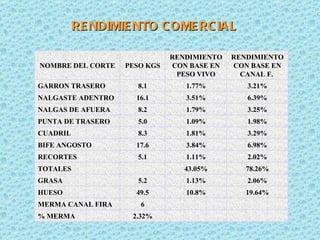 RENDIMIENTO COMERCIAL  NOMBRE DEL CORTE PESO KGS RENDIMIENTO CON BASE EN PESO VIVO RENDIMIENTO CON BASE EN CANAL F.  GARRON TRASERO 8.1 1.77% 3.21% NALGASTE ADENTRO 16.1 3.51% 6.39% NALGAS DE AFUERA 8.2 1.79% 3.25% PUNTA DE TRASERO 5.0 1.09% 1.98% CUADRIL 8.3 1.81% 3.29% BIFE ANGOSTO 17.6 3.84% 6.98% RECORTES 5.1 1.11% 2.02% TOTALES 43.05% 78.26% GRASA 5.2 1.13% 2.06% HUESO 49.5 10.8% 19.64% MERMA CANAL FIRA 6 % MERMA 2.32% 