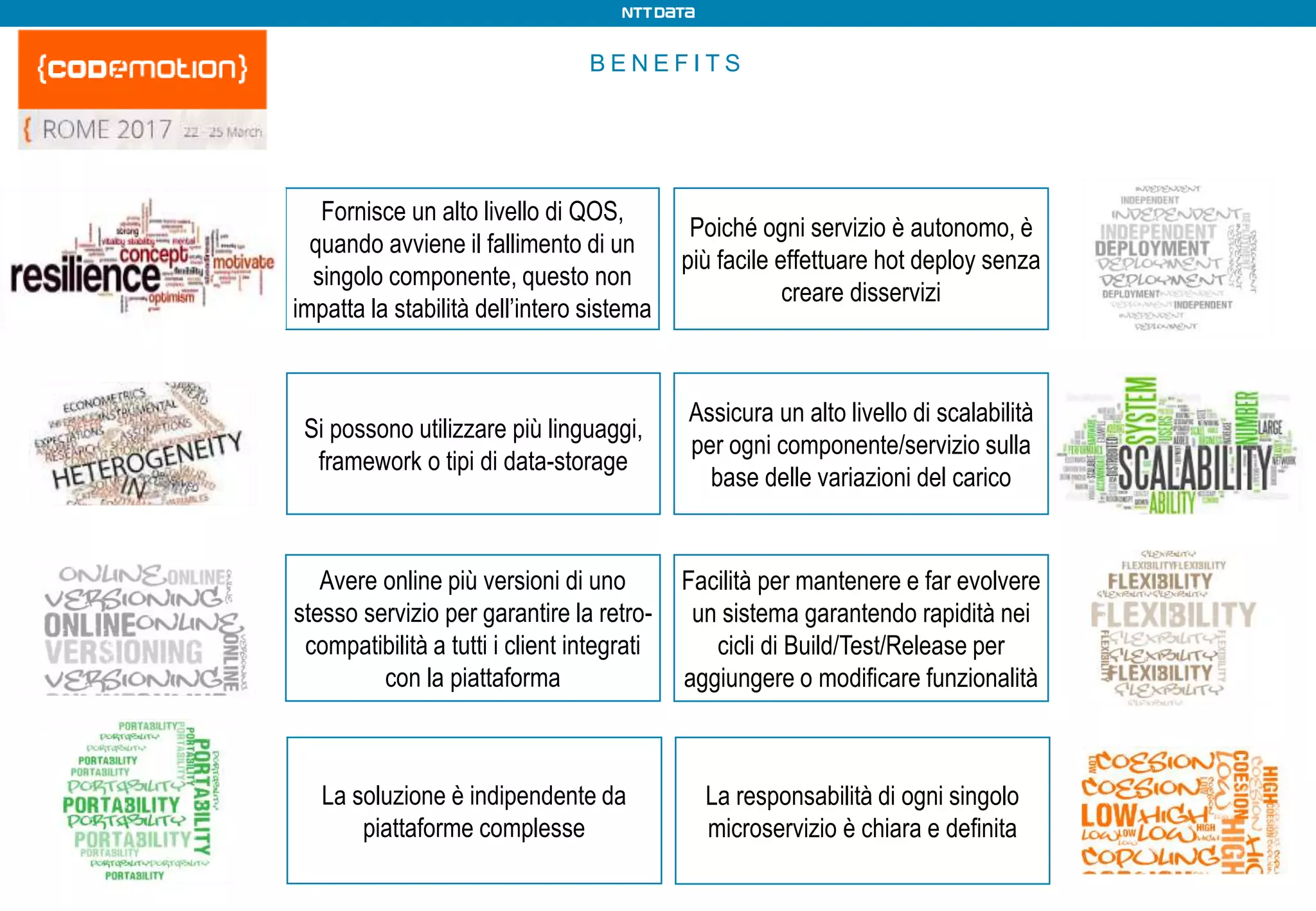 B E N E F I T S
Fornisce un alto livello di QOS,
quando avviene il fallimento di un
singolo componente, questo non
impatta la stabilità dell’intero sistema
Assicura un alto livello di scalabilità
per ogni componente/servizio sulla
base delle variazioni del carico
Si possono utilizzare più linguaggi,
framework o tipi di data-storage
Poiché ogni servizio è autonomo, è
più facile effettuare hot deploy senza
creare disservizi
Avere online più versioni di uno
stesso servizio per garantire la retro-
compatibilità a tutti i client integrati
con la piattaforma
Facilità per mantenere e far evolvere
un sistema garantendo rapidità nei
cicli di Build/Test/Release per
aggiungere o modificare funzionalità
La soluzione è indipendente da
piattaforme complesse
La responsabilità di ogni singolo
microservizio è chiara e definita
 