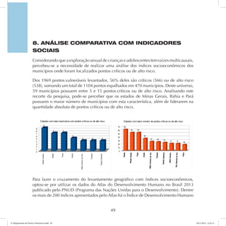 8. ANÁLISE COMPARATIVA COM INDICADORES 
SOCIAIS 
Considerando que a exploração sexual de crianças e adolescentes tem raízes multicausais, 
percebeu-se a necessidade de realizar uma análise dos índices socioeconômicos dos 
municípios onde foram localizados pontos críticos ou de alto risco. 
Dos 1969 pontos vulneráveis levantados, 56% deles são críticos (566) ou de alto risco 
(538), somando um total de 1104 pontos espalhados em 470 municípios. Deste universo, 
59 municípios possuem entre 5 e 15 pontos críticos ou de alto risco. Analisando este 
recorte da pesquisa, pode-se perceber que os estados de Minas Gerais, Bahia e Pará 
possuem o maior número de municípios com esta característica, além de liderarem na 
quantidade absoluta de pontos críticos ou de alto risco. 
Para fazer o cruzamento do levantamento geográfico com índices socioeconômicos, 
optou-se por utilizar os dados do Atlas do Desenvolvimento Humano no Brasil 2013 
publicado pelo PNUD (Programa das Nações Unidas para o Desenvolvimento). Dentre 
os mais de 200 índices apresentados pelo Atlas há o Índice de Desenvolvimento Humano 
49 
6º Mapeamento de Pontos Vulneráveis.indd 49 18/11/2014 15:41:11 
 